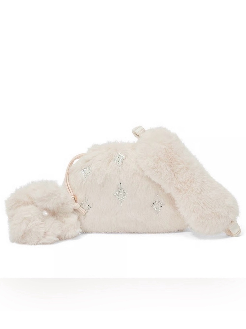 Victoria's Secret Cream Faux Fur Drawstring Mini Bag with Crystal Accents
